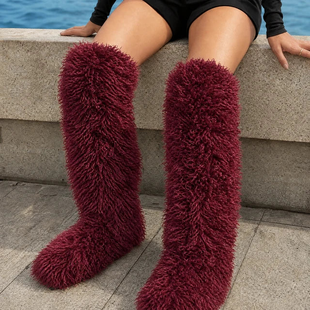 Women’s Thigh-High Shaggy Boots with Plush Curly Texture