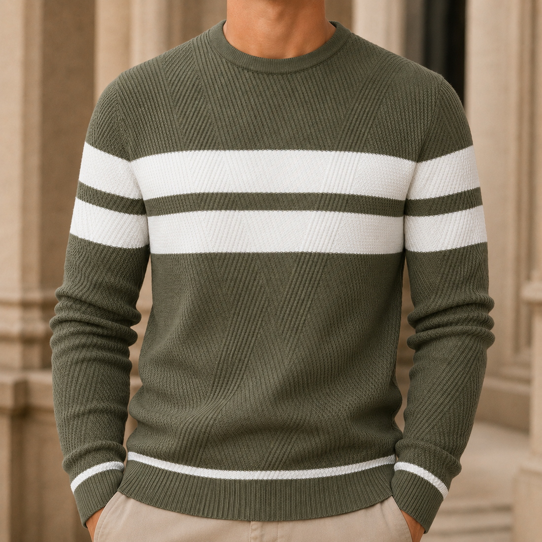 Men’s Textured Geometric Stripe Crewneck Sweater