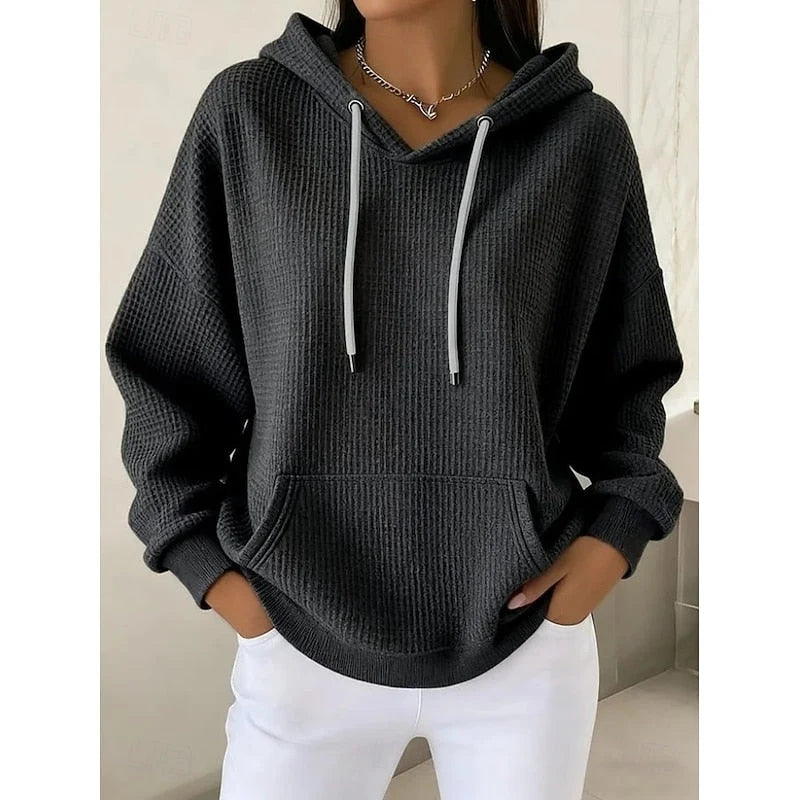 Women’s Oversized Waffle Knit Drawstring Hooded Pullover