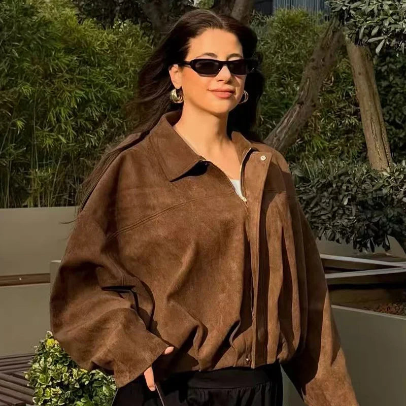 Women’s Oversized Cropped Bomber Jacket with Structured Collar and Zip Front