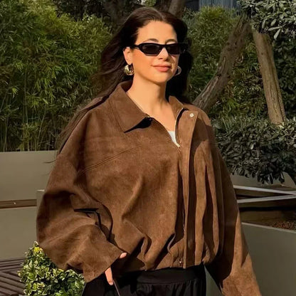 Women’s Oversized Cropped Bomber Jacket with Structured Collar and Zip Front
