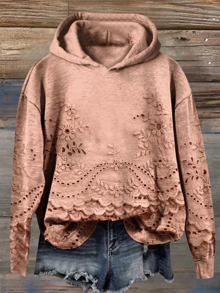 Women’s Floral Eyelet Scalloped Hem Pullover Hoodie