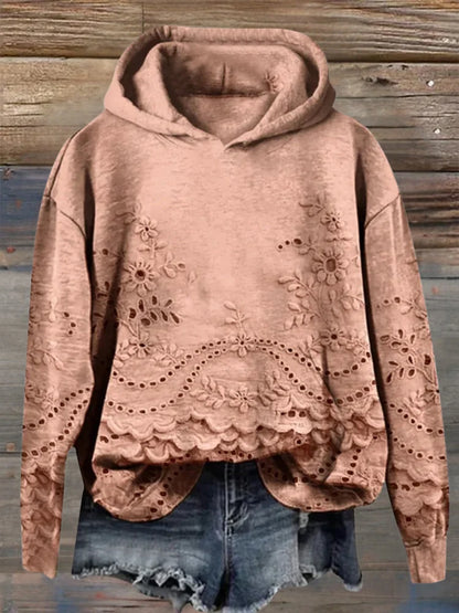 Women’s Floral Eyelet Scalloped Hem Pullover Hoodie