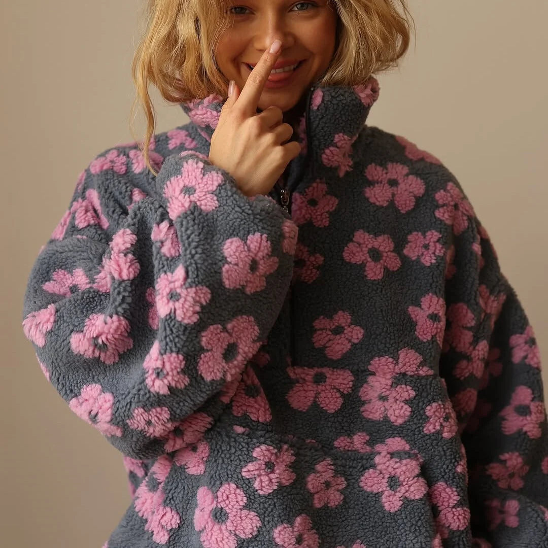 Women’s Floral Print Stand Collar Quarter-Zip Sweater