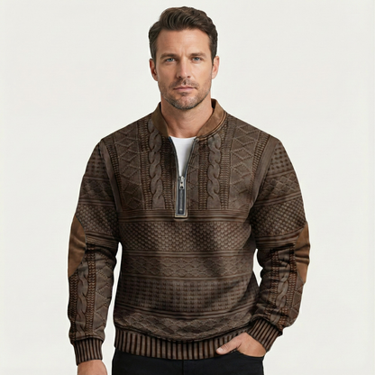Men’s Textured Half-Zip Knit Sweater with Elbow Patches