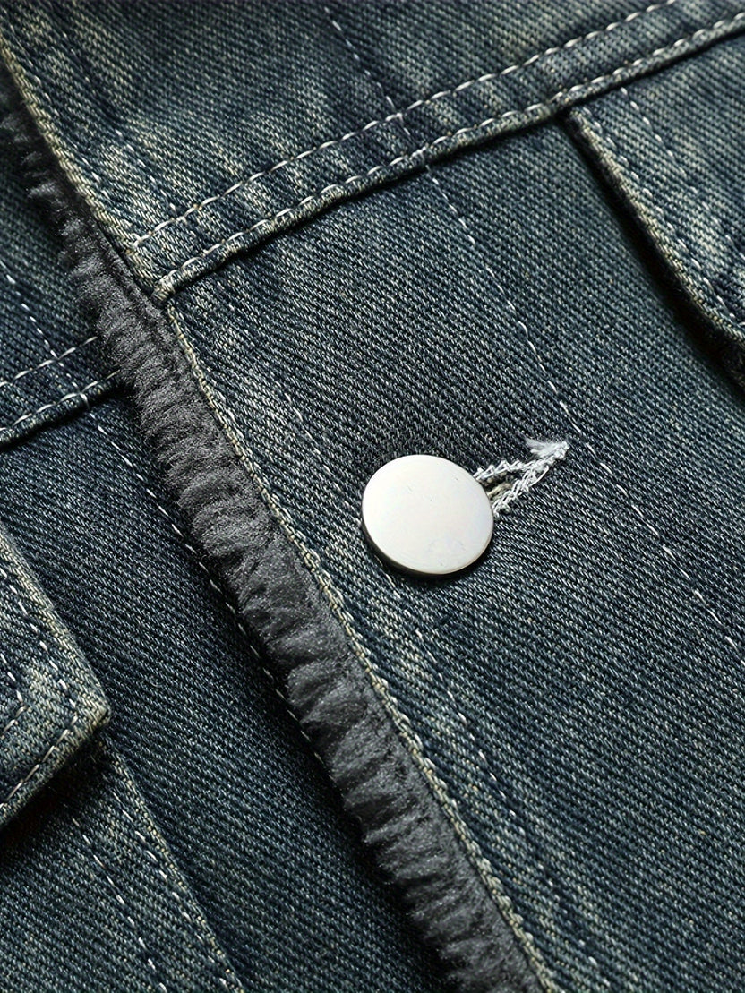 Men’s Fleece-Lined Washed Denim Jacket with Lapel Collar