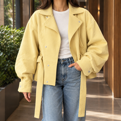 Cropped Belted Moto-Inspired Jacket with Flap Pockets