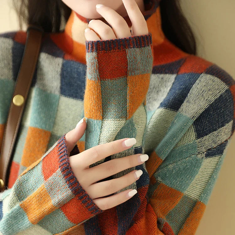 Women’s Oversized Multicolor Plaid Pattern Knit Sweater