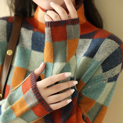 Women’s Oversized Multicolor Plaid Pattern Knit Sweater