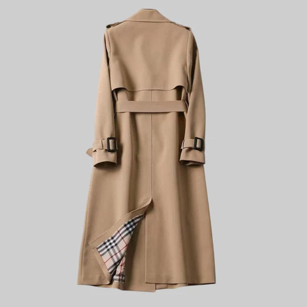 Women’s Long Double-Breasted Trench Coat with Adjustable Waist Belt