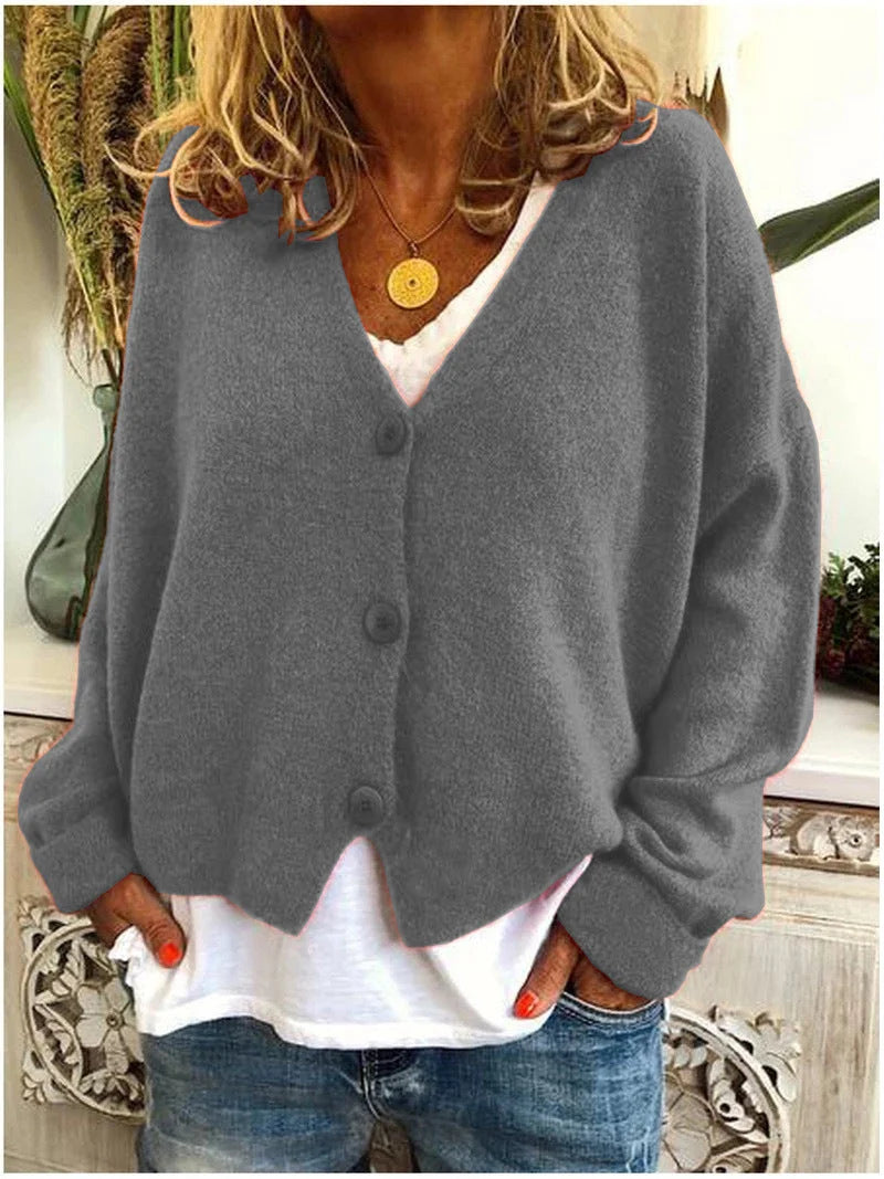 Women’s Cropped V-Neck Smooth Knit Button Cardigan