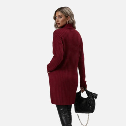 Women's Textured Turtleneck Sweater Dress with Long Sleeves