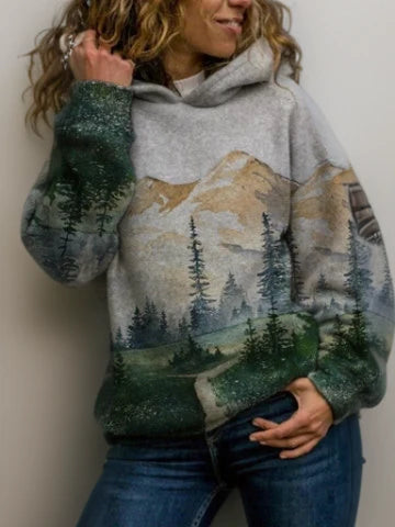 Women’s Oversized Mountain Landscape Printed Pullover Hoodie