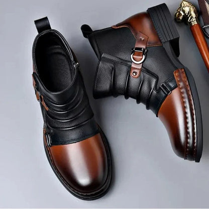 Men’s Leather Ankle Boots with Layered Fold and Buckle Detail