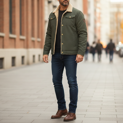 Men’s Sherpa-Lined Button-Up Jacket with Chest Pockets