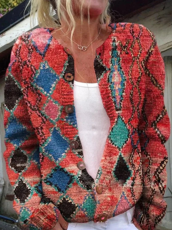 Women’s Printed Textured Knit Button-Front Relaxed Cardigan