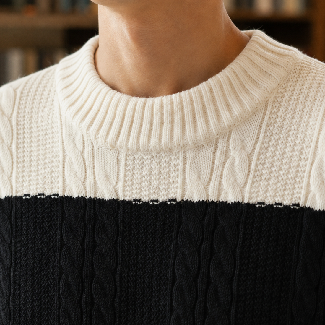 Men’s Color-Block Cable Knit Crewneck Sweater