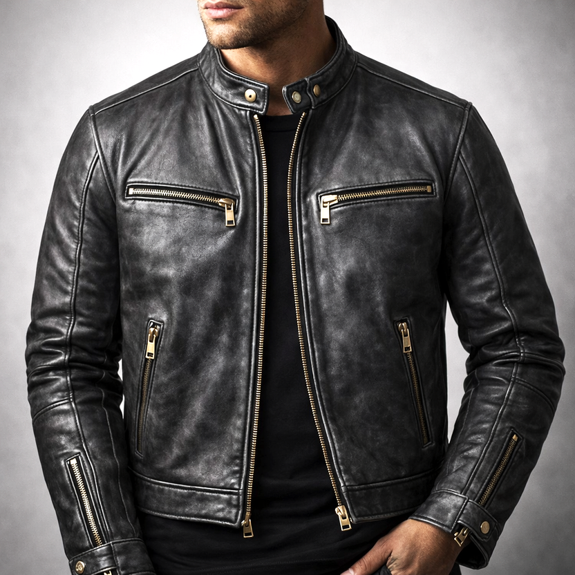 Men’s Distressed Leather Moto Jacket with Zip Pockets