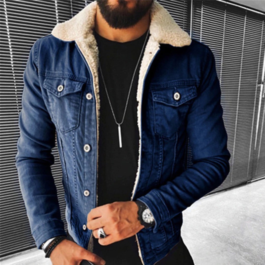 Men’s Borg-Collar Washed Denim Trucker Jacket