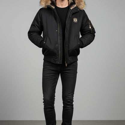 Men’s Quilted Bomber Jacket with Faux Fur-Trimmed Hood