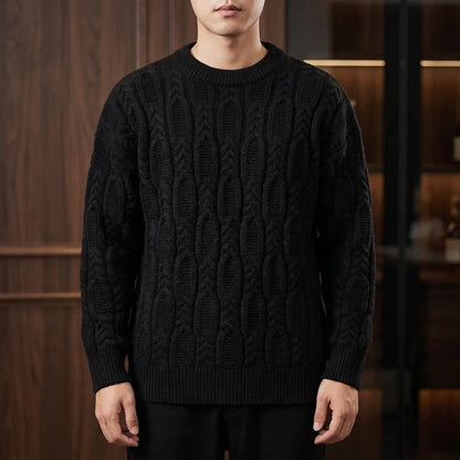 Textured Cable Knit Relaxed Crew Neck Sweater