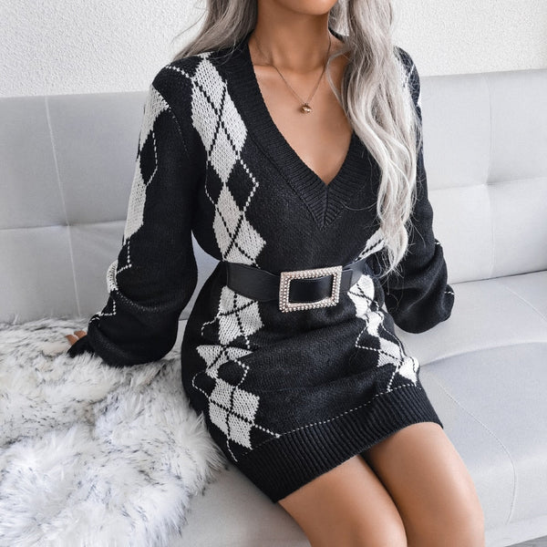 Women's Printed V-Neck Knit Mini Sweater Dress with Long Sleeves