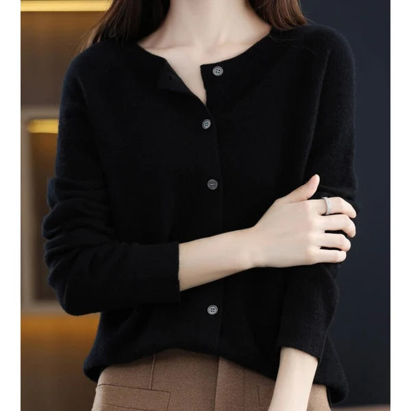 Women’s Merino Wool Cashmere Blend O-Neck Button Cardigan