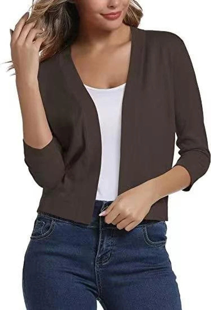 Women’s Cropped Open-Front Cardigan with Relaxed Fit and 3/4 Sleeves