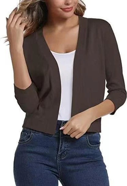 Women’s Cropped Open-Front Cardigan with Relaxed Fit and 3/4 Sleeves