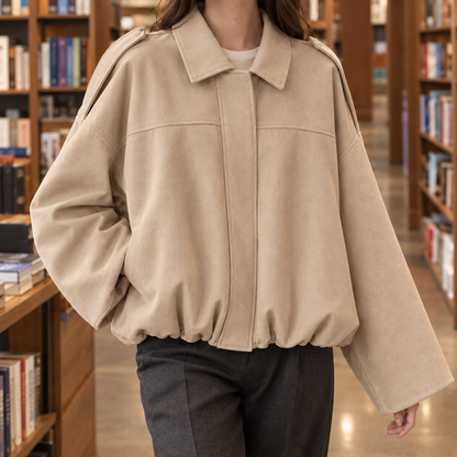 Cropped Suede Blouson Jacket with Gathered Hem
