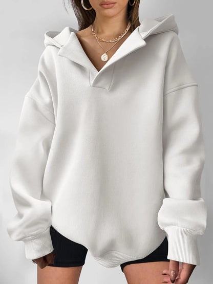 Women’s Oversized Collared V-Neck Pullover Hoodie with Ribbed Trim