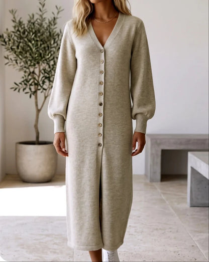 Women's Heathered Knit Sweater Dress with Puff Sleeves and Ribbed Cuffs