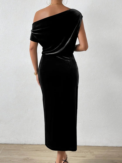 Women's Velvet Cowl Neck Midi Dress with Relaxed Fit