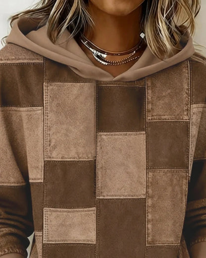 Women’s Checkered Patchwork Print Pullover Hoodie with Drawstring Hood