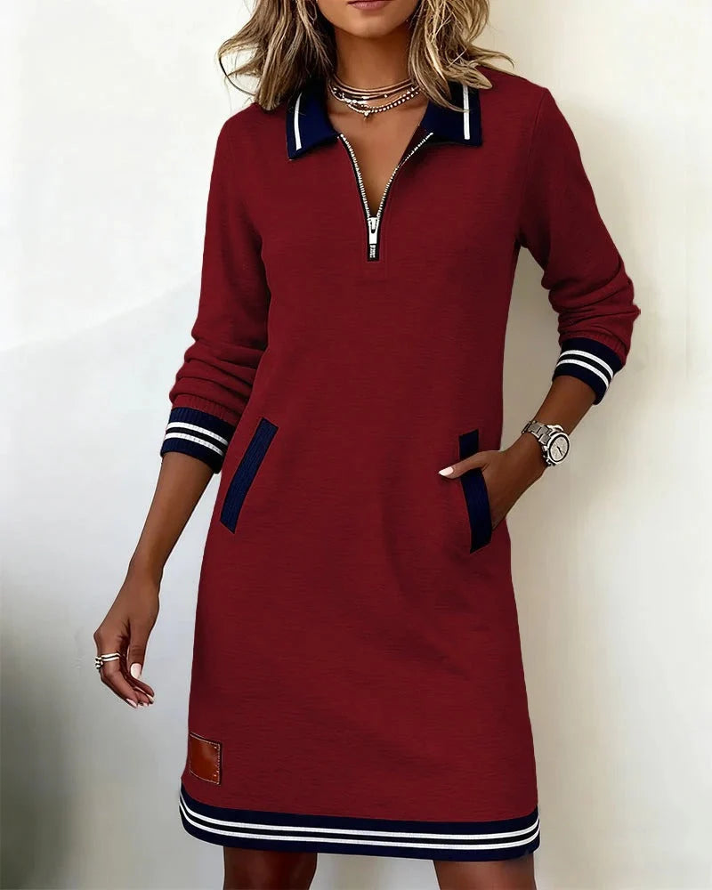 Women's Quarter-Zip Collared Mini Sweater Dress with Front Pockets