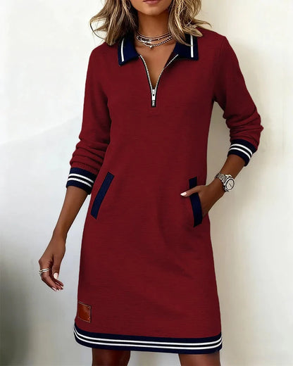Women's Quarter-Zip Collared Mini Sweater Dress with Front Pockets