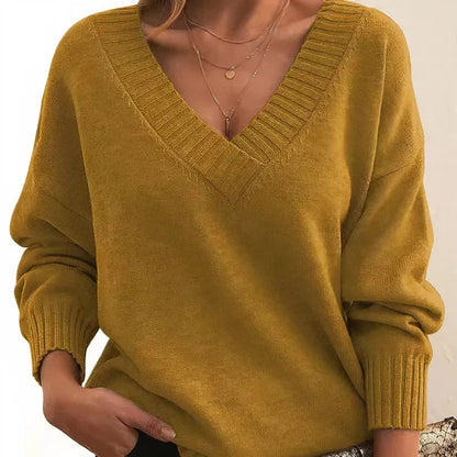 Women’s Cashmere Deep V-Neck Relaxed Sweater with Balloon Sleeves