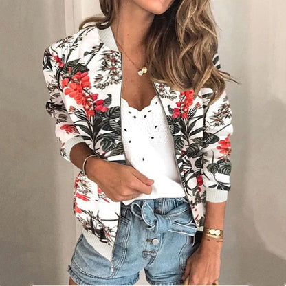 Women’s Floral Print Bomber Jacket with Ribbed Trim