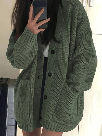 Women’s Oversized Ribbed Knit Button-Front Cardigan with Patch Pockets
