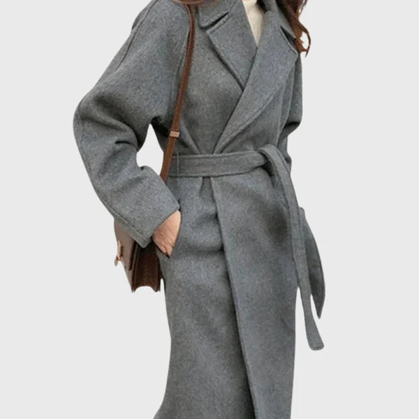Women’s Longline Wool-Blend Coat with Adjustable Waist Belt