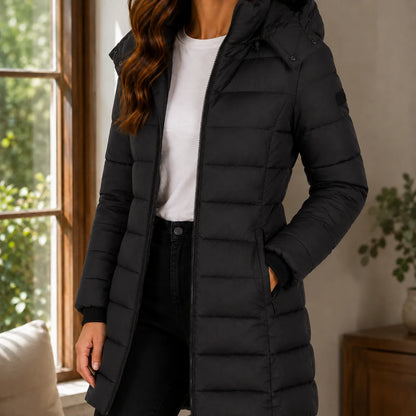 Women’s Fitted Longline Quilted Hooded Jacket
