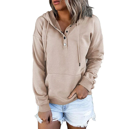Women’s Relaxed Button-Placket Hooded Pullover with Kangaroo Pocket