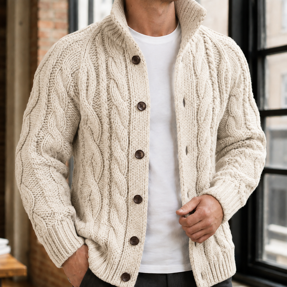 Men’s Chunky Braided Cable Knit Button Sweater