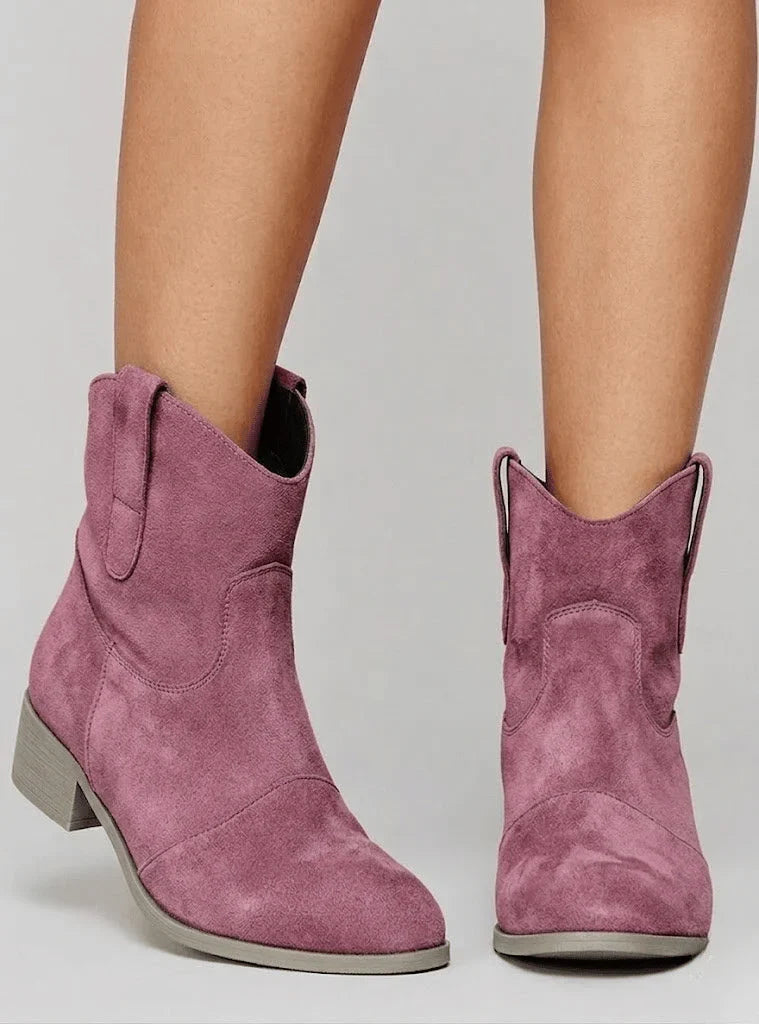 Women’s Suede Western Ankle Boots with Low Block Heel