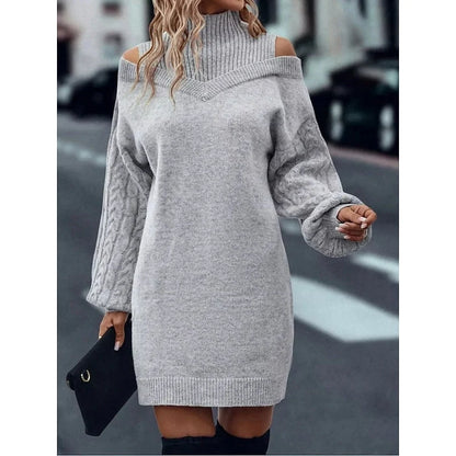 Women's Turtleneck Sweater Dress with Cold-Shoulder Cutouts and Cable-Knit Sleeves