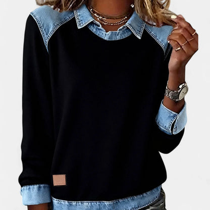Women’s Contrast Panel Collared Long-Sleeve Knit Sweater