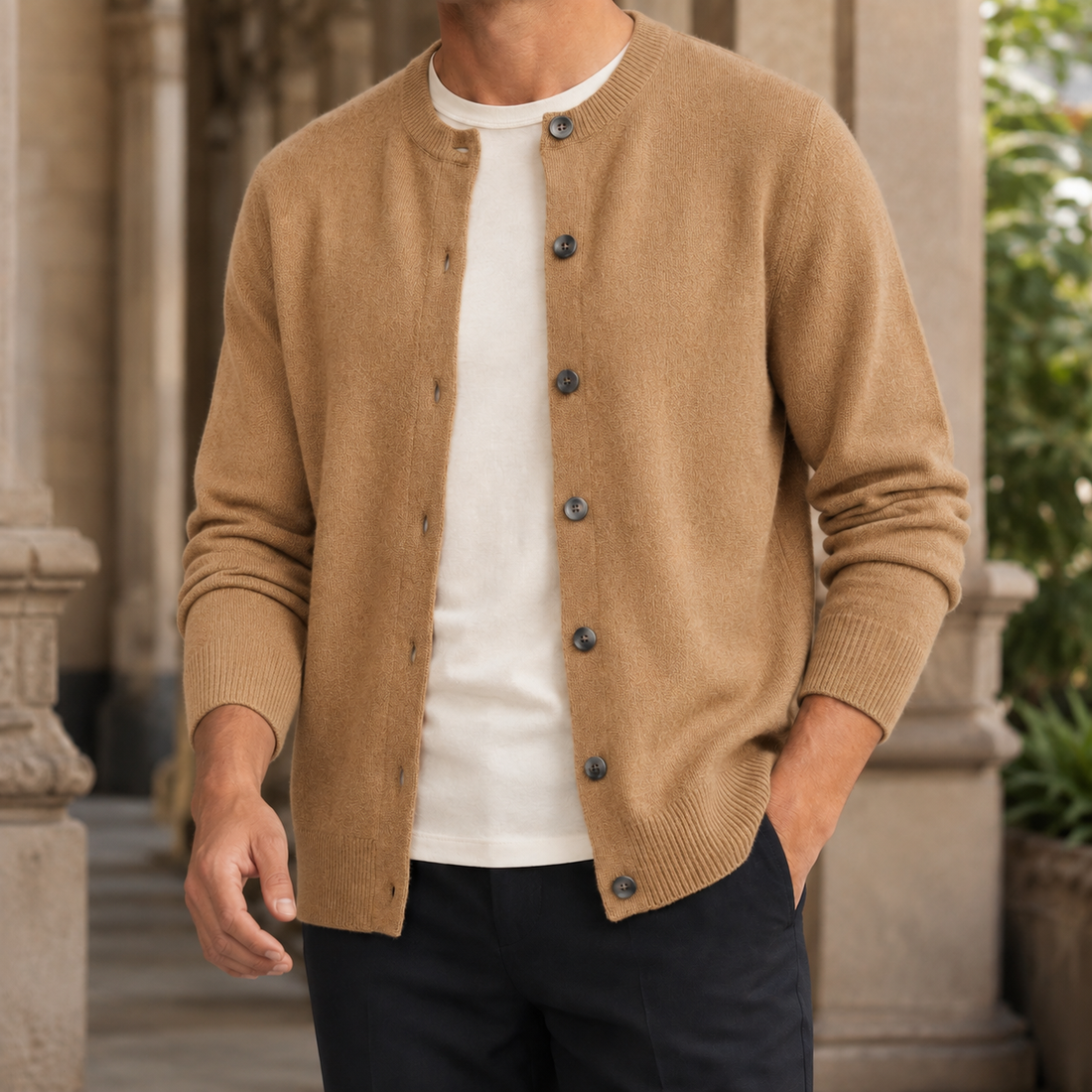 Men’s Soft Knit Button-Front Crewneck Sweater