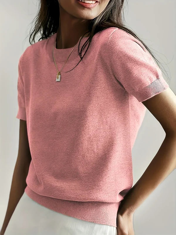 Women’s Lightweight Short-Sleeve Crew Neck Knit Top with Ribbed Trim