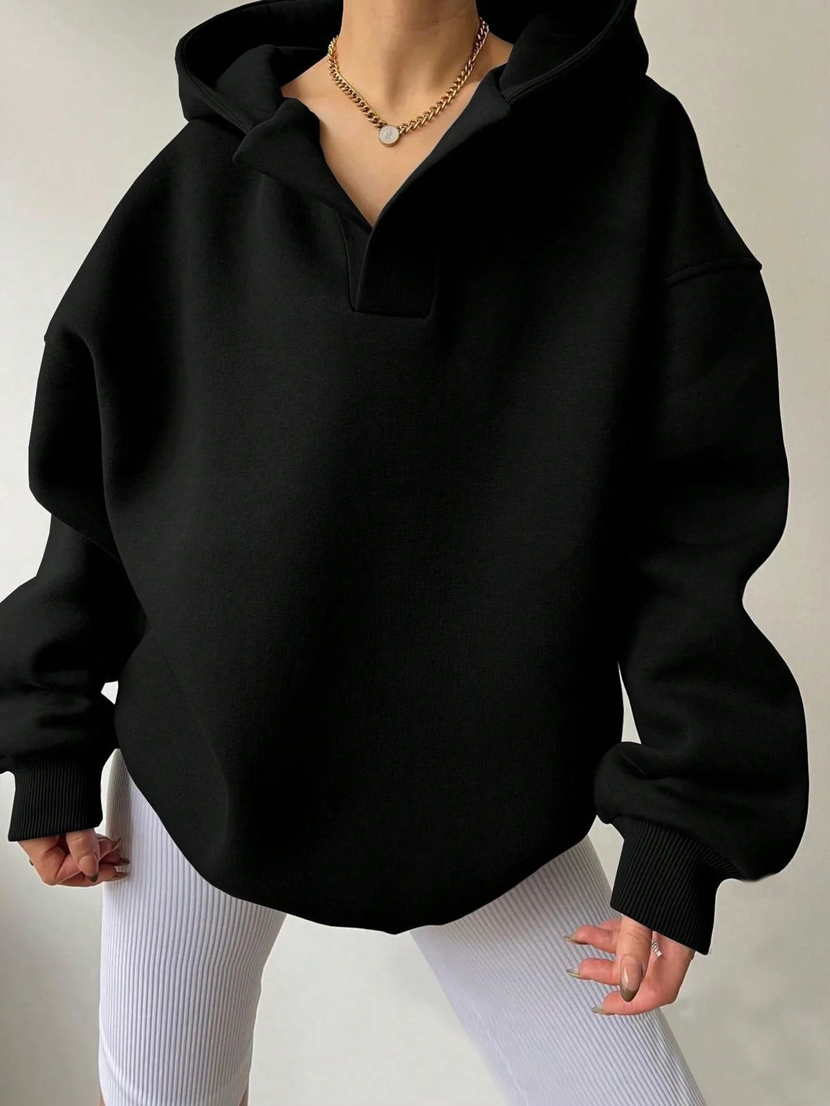 Women’s Oversized Collared V-Neck Pullover Hoodie with Ribbed Trim
