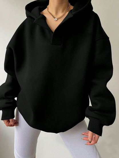 Women’s Oversized Collared V-Neck Pullover Hoodie with Ribbed Trim